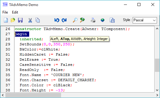 Screenshot for TAdvMemo, TDBAdvMemo, TAdvCodeList 3.0.0.0