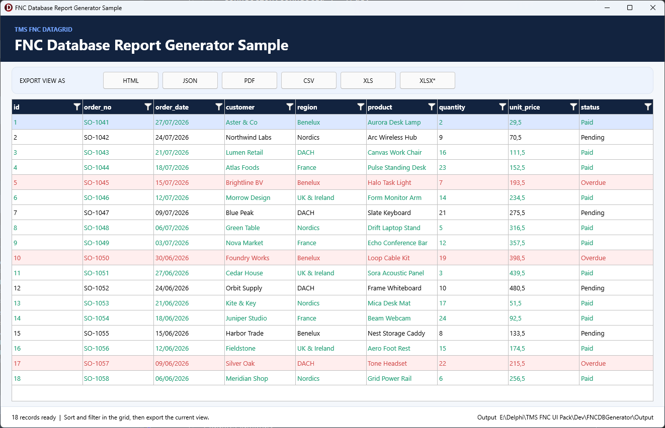 FNC Database Generator FireMonkey application showing connection, query, export toolbar, and DataGrid report