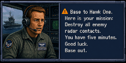 Pixel-art radio officer with a headset next to the mission briefing text