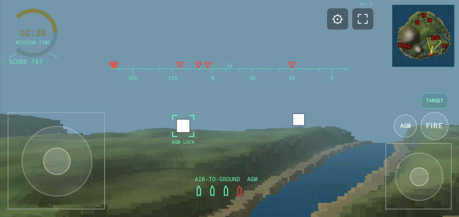 Hawk One gameplay on a phone: voxel terrain with a river, compass heading tape, minimap, mission timer and an air-to-ground missile lock on a target