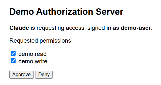 The demo login service's consent page, asking to approve or deny read and write permissions for Claude