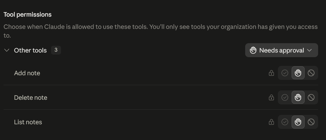 Claude Desktop's tool permissions panel, showing add_note, delete_note and list_notes each set to Needs approval