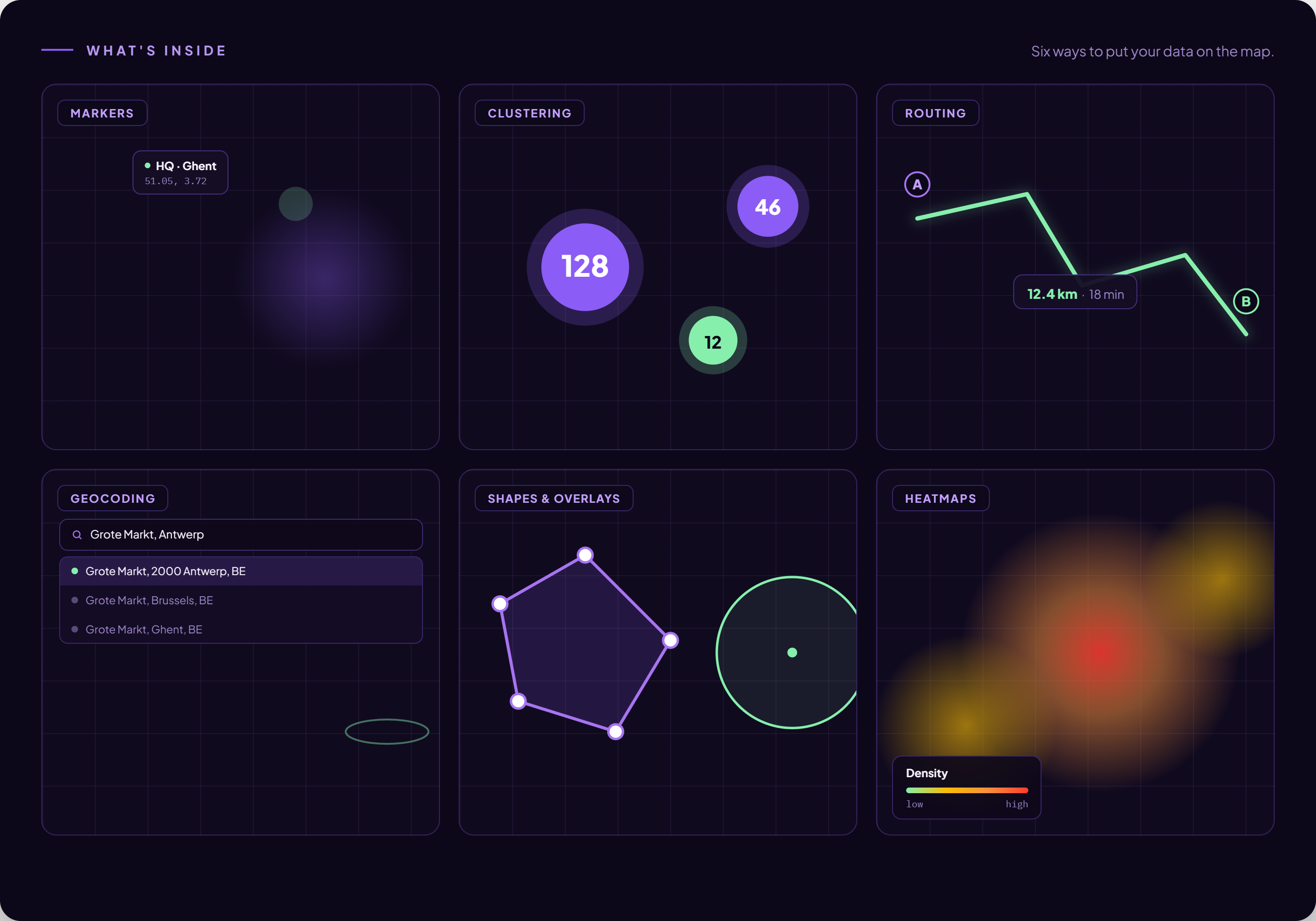 TMS.NET Maps features: clustering, heatmaps, drawing tools, routing, popups and custom overlays