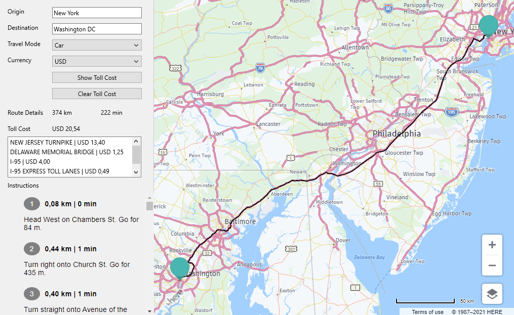 Display toll cost calculation with Here maps