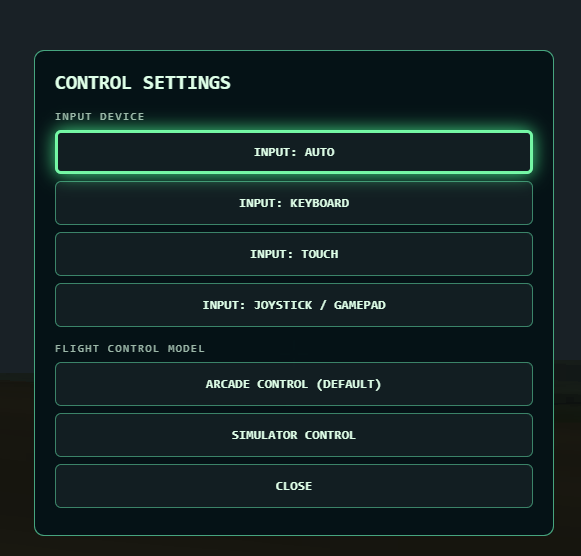 Control settings screen with input device options (auto, keyboard, touch, joystick/gamepad) and flight control model options (arcade, simulator)