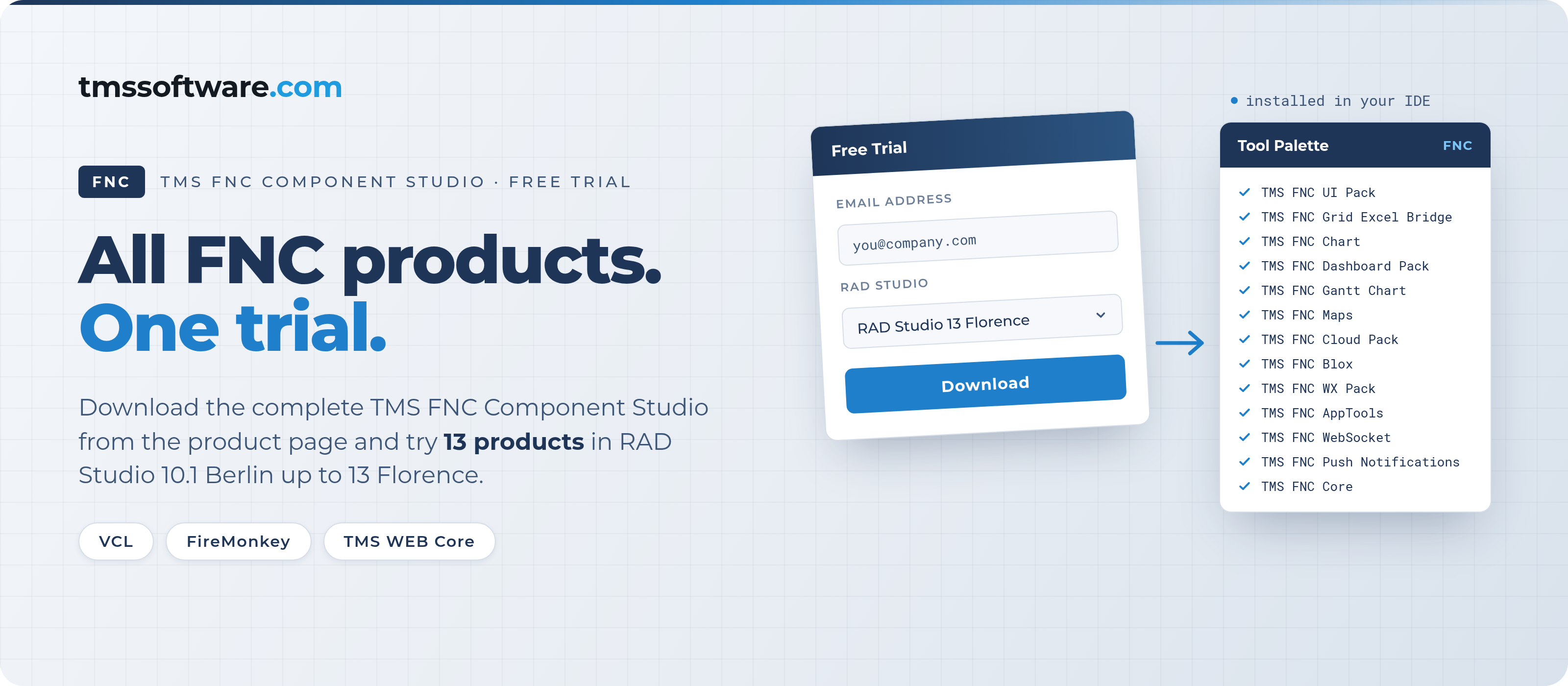 TMS FNC Component Studio free trial: one download with all 13 FNC products for VCL, FMX and TMS WEB Core