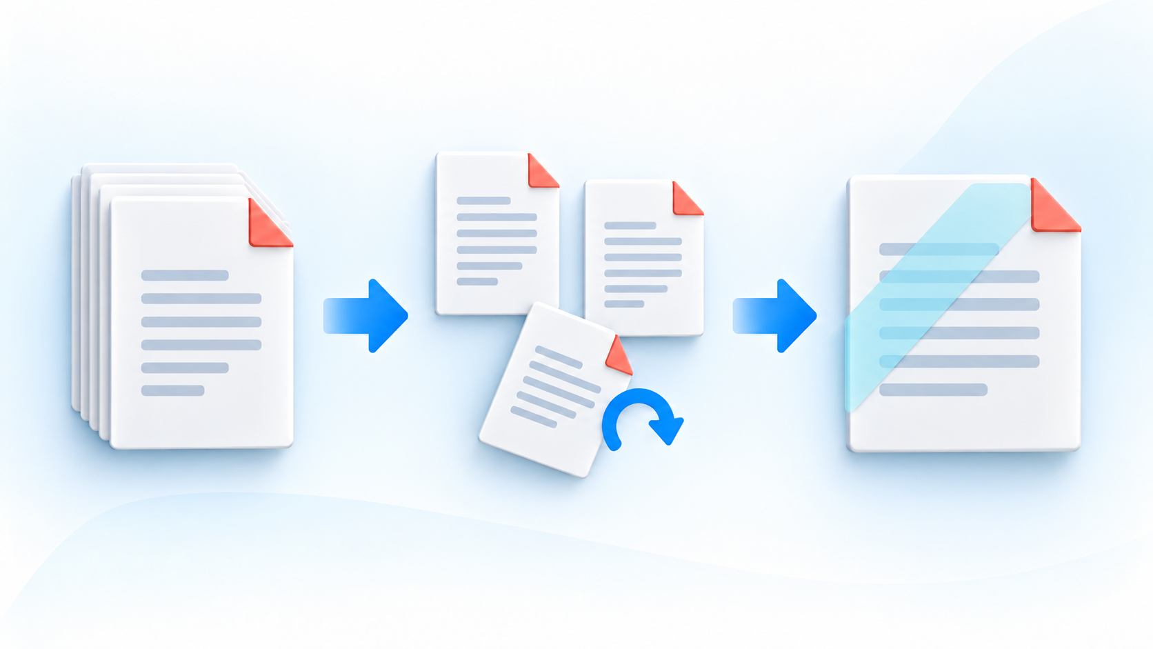 A PDF workflow showing a document stack, rearranged pages and a finished document with an overlay