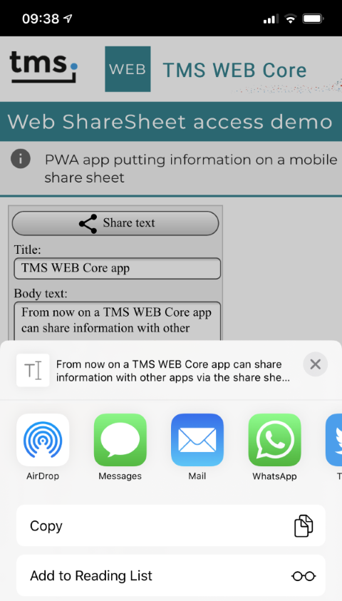 TMS WEB Core Delphi share sheet