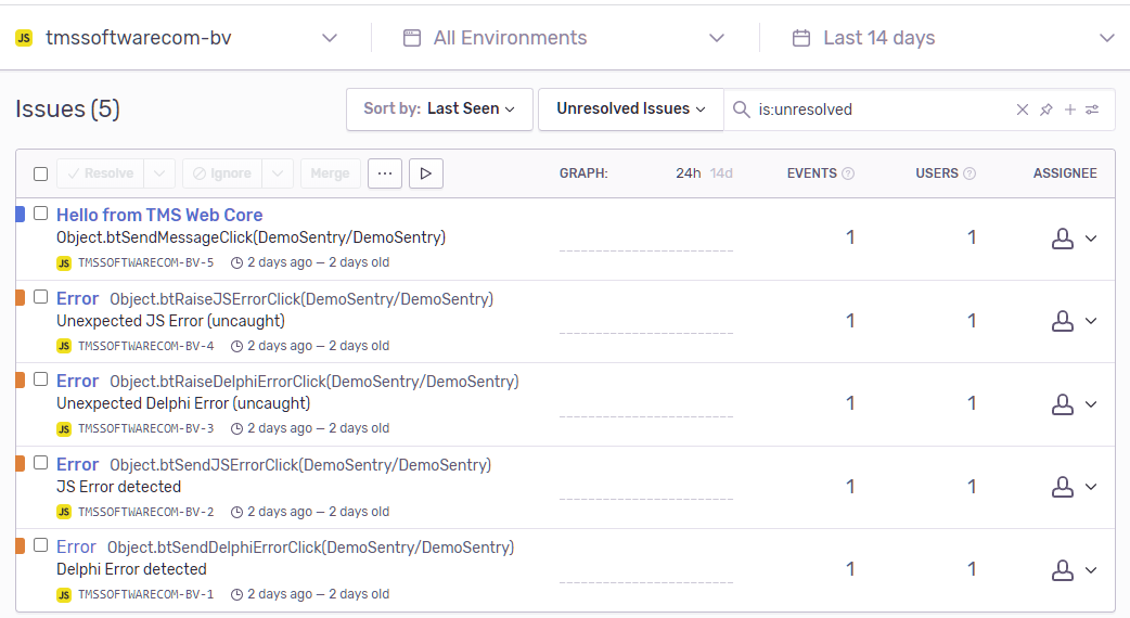 TMS WEB Core Delphi Sentry logging